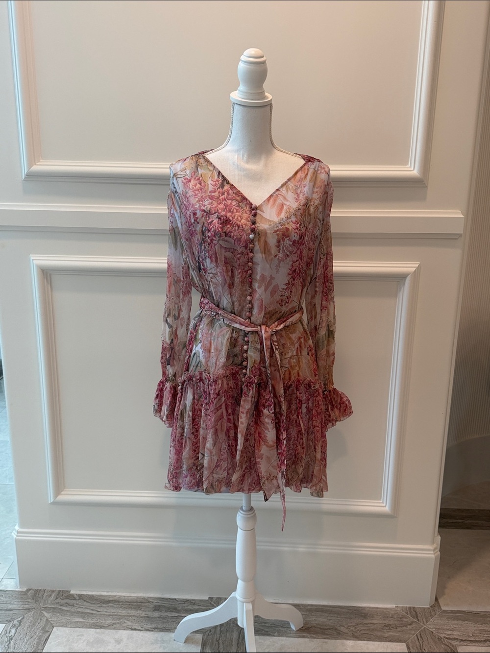 Zimmermann Pink Floral Sheer Tiered Mini Dress